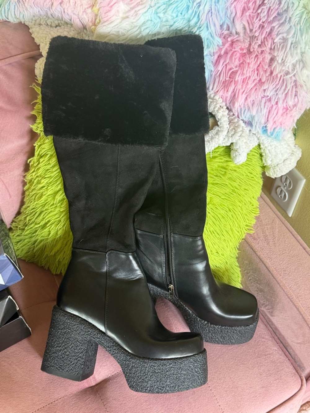 Black Over-the-Knee Faux Fur Cuff Platform Boots